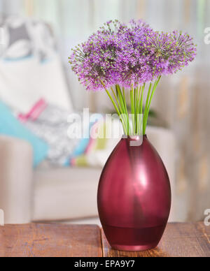 Giant Onion (Allium Giganteum) flowers in the flower vase on table Stock Photo