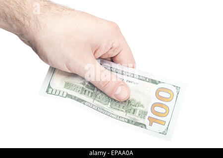 male hand holding 100 dollars isolated on white Stock Photo