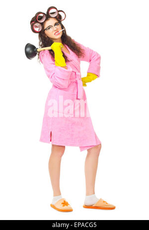 Funny housewife with plunger isolated Stock Photo