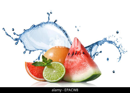 Watermelon, grapefruit and lime with mint and water splash isolated on white Stock Photo
