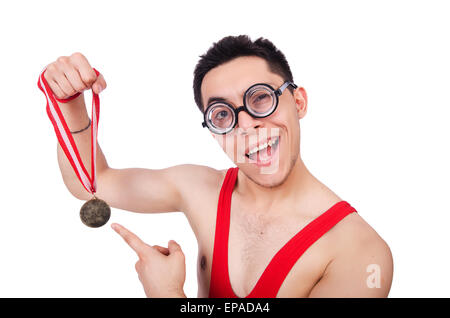 Funny wrestler with winners gold medal Stock Photo