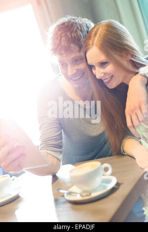 heterosexual couple selfie digital tablet cafe Stock Photo