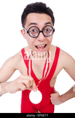 Funny wrestler with winners gold medal Stock Photo