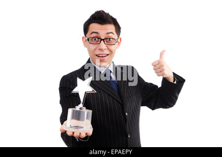 Funny guy receiving award on white Stock Photo