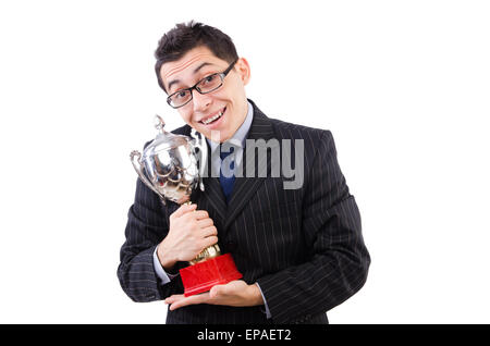 Funny guy receiving award on white Stock Photo