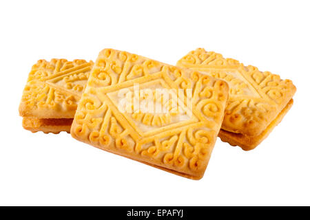 Custard Cream biscuits over a plain white background. Stock Photo