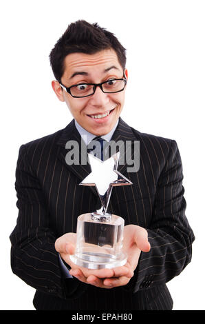 Funny guy receiving award on white Stock Photo