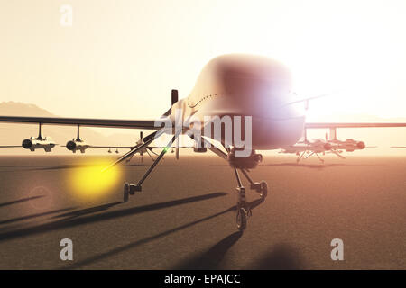 Military Predator Type UAV Drone Base in the Sunset Sunrise Stock Photo