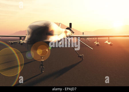 Military Predator Type UAV Drone Base in the Sunset Sunrise Stock Photo