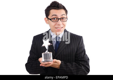 Funny guy receiving award on white Stock Photo