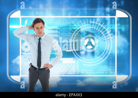 Composite image of thinking businessman with hand on head Stock Photo