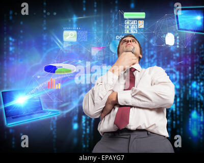 Composite image of thoughtful businessman holding pen to chin Stock Photo