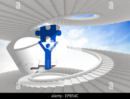 Composite image of figure holding jigsaw piece on abstract screen Stock Photo