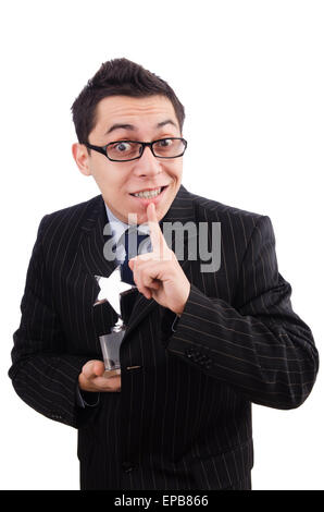 Funny guy receiving award on white Stock Photo