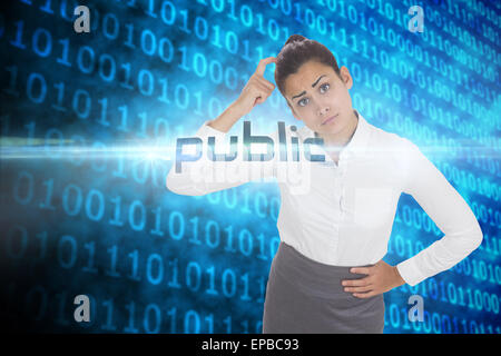 Public against shiny blue binary code on black background Stock Photo
