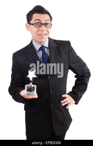 Funny guy receiving award on white Stock Photo