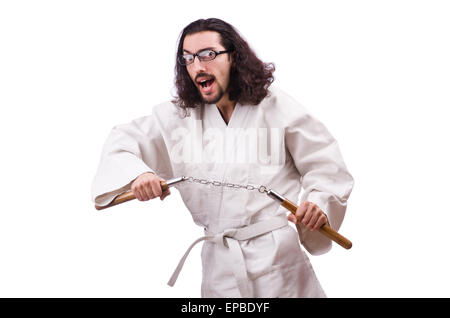 Karate man with nunchucks isolated on white Stock Photo