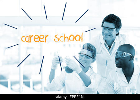 Career school against scientists working in laboratory Stock Photo