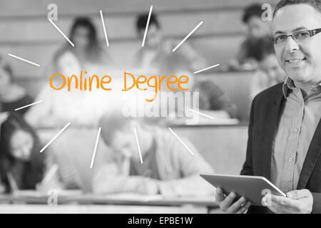 Online degree against lecturer standing in front of his class in lecture hall Stock Photo