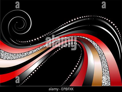 Colored and silver wavy stripes and stars on black background Stock Vector