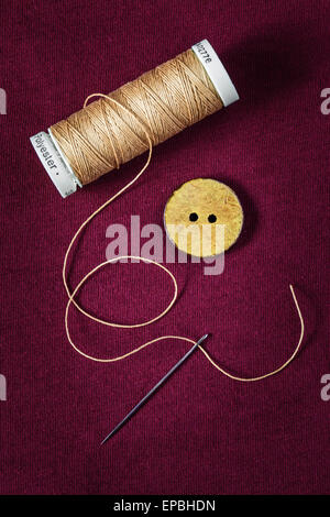 Close up of thread, button and needle Stock Photo