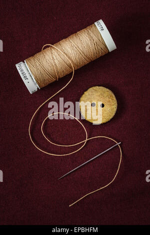 Close up of thread, single button and needle Stock Photo