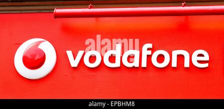 NOTTINGHAM, UK - APRIL 1, 2015: Close up of Vodafone logo. Vodafone is a British well-known telecommunications company Stock Photo