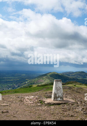 Triangulation pillar at the summit of Malvern Beacon, Worcestershire, England, UK Stock Photo