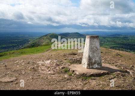 Triangulation pillar at the summit of Malvern Beacon, Worcestershire, England, UK Stock Photo