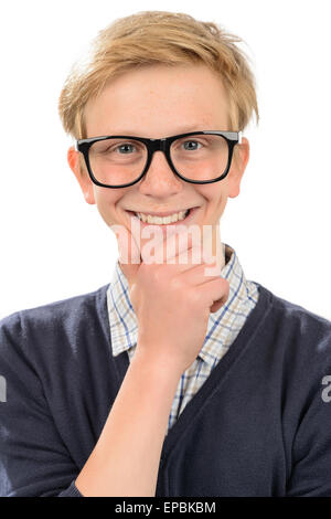 Happy teenage nerd boy wearing geek glasses against white background Stock Photo Alamy