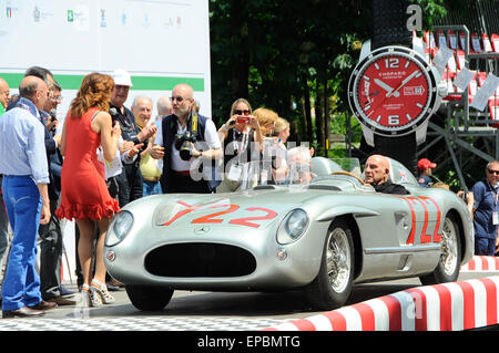 Brescia, Italy. 14th May 2015.  Stirling Moss open the race at 1000 Miglia 2015 with mercedes 300 SLR of 1955 with his  historic race number Credit:  Gaetano Piazzolla /Alamy Live News Stock Photo