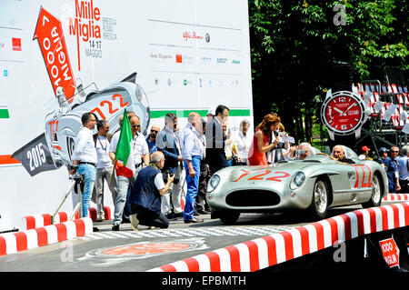 Brescia, Italy. 14th May 2015.  Stirling Moss open the race at 1000 Miglia 2015 with mercedes 300 SLR of 1955 with his  historic race number Credit:  Gaetano Piazzolla /Alamy Live News Stock Photo