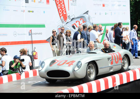 Brescia, Italy. 14th May 2015.  Hans Hermann at 1000 Miglia 2015 with mercedes 300 SLR of 1955 with his  historic race number Credit:  Gaetano Piazzolla /Alamy Live News Stock Photo