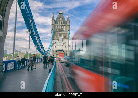 London red bus on Tower Bridge,England,UK Stock Photo