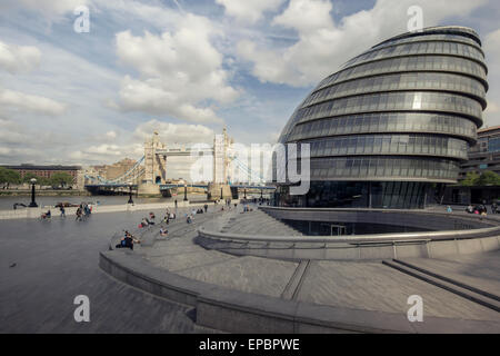 London,England - May 11,2015 : View of City Hall, The building has an unusual, bulbous shape intended to reduce its surface area Stock Photo