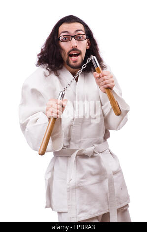 Karate man with nunchucks isolated on white Stock Photo