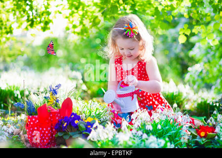 Cute curly little girl in a red summer dress working in the garden watering first spring flowers on a sunny warm day Stock Photo