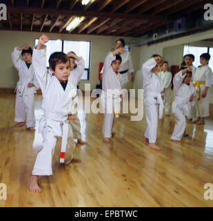 Kids demonstrating moves in karate class Stock Photo