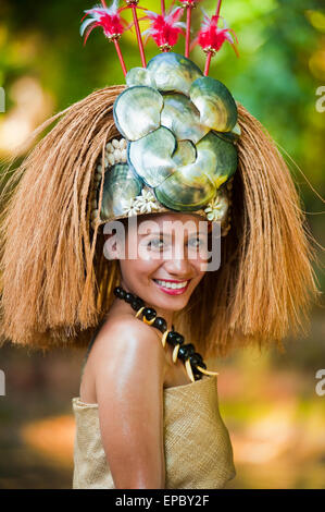 Traditional headress worn by young Samoan woman; Upulu Island, Samoa Stock Photo