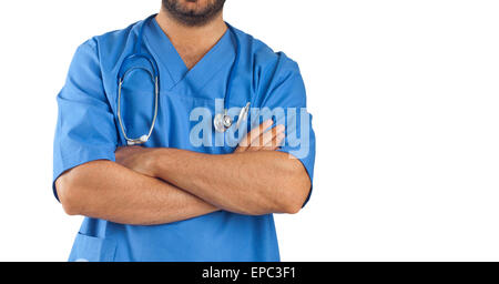 Close up of a man's arms crossed of medical staff on white background Stock Photo