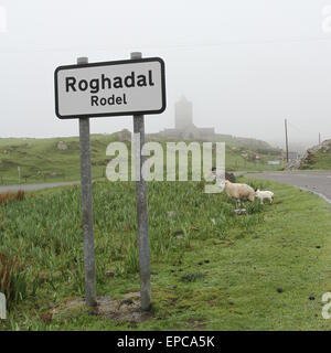 Bilingual Rodel sign and St Clements Church Isle of Harris Scotland  May 2014 Stock Photo