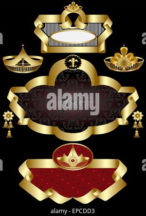 Golden frame with patterns of crowns on a black background. Stock Vector
