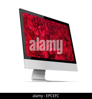 Modern flat screen computer monitor with bouquet of red carnation flowers on screen  isolated on white background. Highly detail Stock Photo