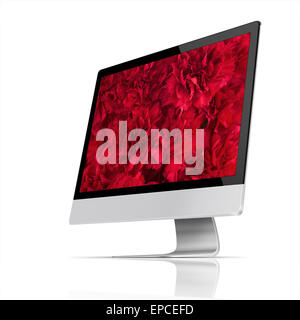 Modern flat screen computer monitor with bouquet of red carnation flowers on screen and reflection isolated on white background. Stock Photo