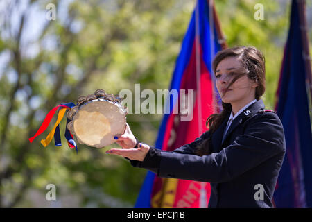 Southport, Merseyside UK, 16th May, 2015. Abby Davies, 24 celebrating 150 years of the Salvation Army playing in the Citadel Band.  2015 marks the 150th anniversary of The Salvation Army which movement was started by pioneers William and Catherine Booth in the East End of London in 1865. The Salvation Army Southport corps invited Salvationists and others in fundraising, with a series of events in the town centre gardens and including massed choirs and a march. Stock Photo