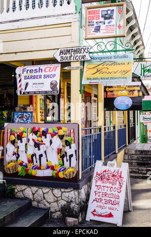 Colorful Signs, St. Mary's Street, Saint John's, Antigua Stock Photo