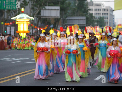 Seoul, South Korea. 16th May, 2015. Buddhists take part in a parade during the Lotus Lantern Festival to celebrate the upcoming birthday of Buddha in Seoul, South Korea, May 16, 2015. Credit:  Yao Qilin/Xinhua/Alamy Live News Stock Photo