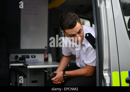 Gibraltar - 16th May 2015 - The Royal Gibraltar Police today launched a new initiatve which will see apolice mobile unit present at Casemates during the weekend. The initiative will only last whislt a new sub polivce station is completed following the refurbishment of central police station. Credit:  Stephen Ignacio/Alamy Live News Stock Photo