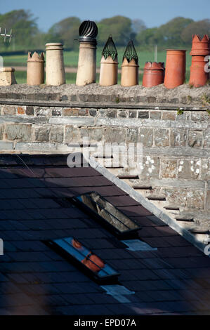 Row of chimney pots on stone house, St Dogmaels Wales Stock Photo