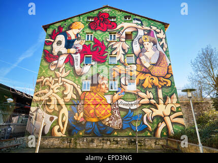VITORIA, SPAIN - MARCH 6: Colorful Painted houses of the Mural Itinerary on March 6, 2015 in Vitoria, Spain. Stock Photo